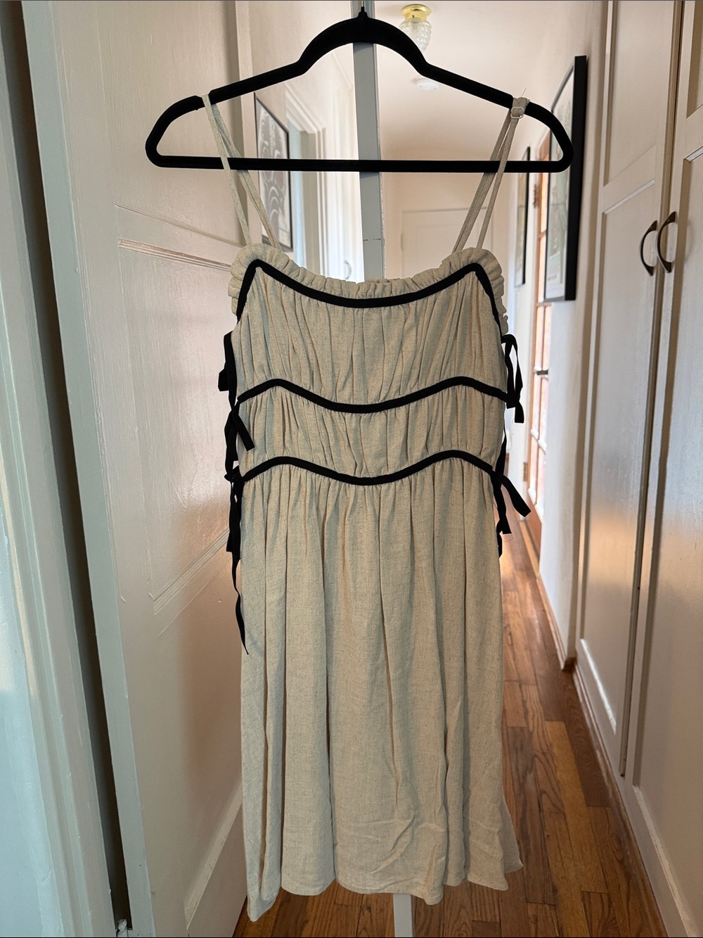 Cream Midi Sundress with Black Trim and Side Tie Details